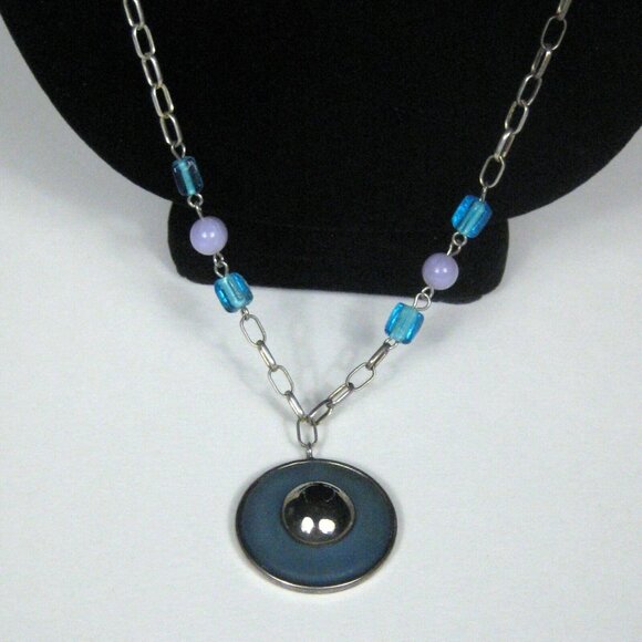 Necklace 32 In Silvetone Chain Pendant Strand Glass Beaded Blue Jewelry Women - Picture 7 of 10